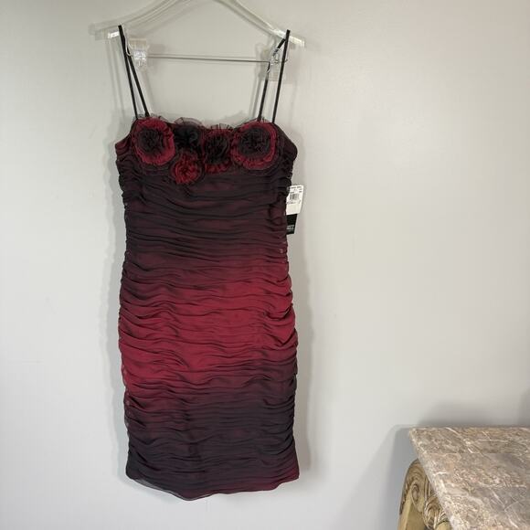Adrianna Papell Ombre Ruffle Rosette Ruched Dress 12 Wine Black Vampy Goth Prom - Picture 2 of 9